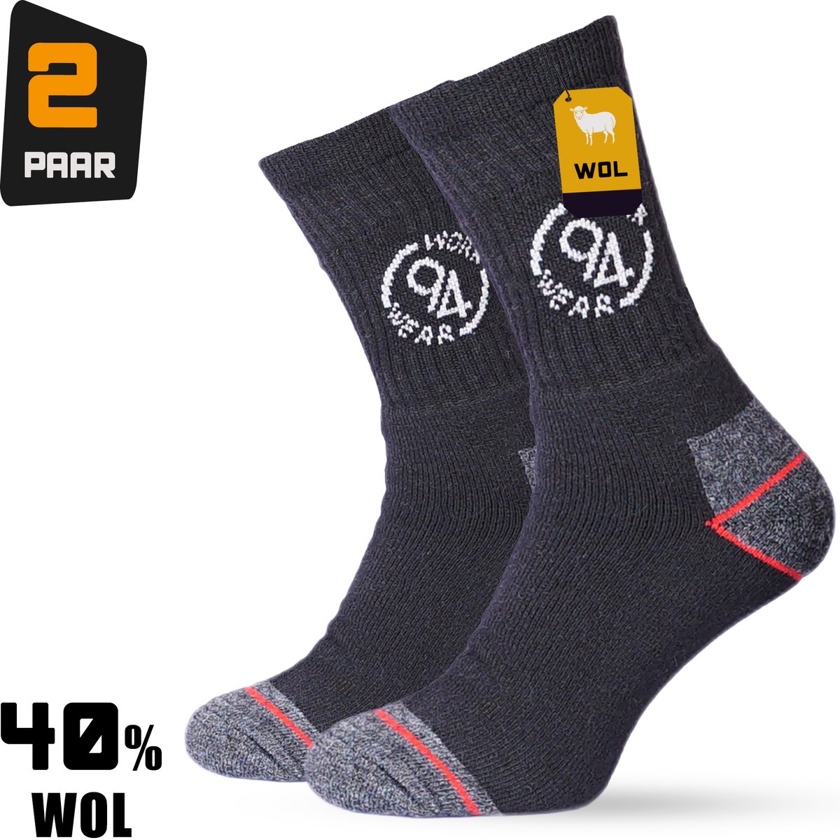 Premium Werksokken Wol Heren & Dames maat 39/42 - 2-paar - Thermo Werksokken - Warme Wollen Sokken - 40% Wol - 94Workwear