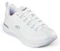 Witte damessneaker met Skechers-logo, Arch Fit-detail en zilverkleurige accenten.