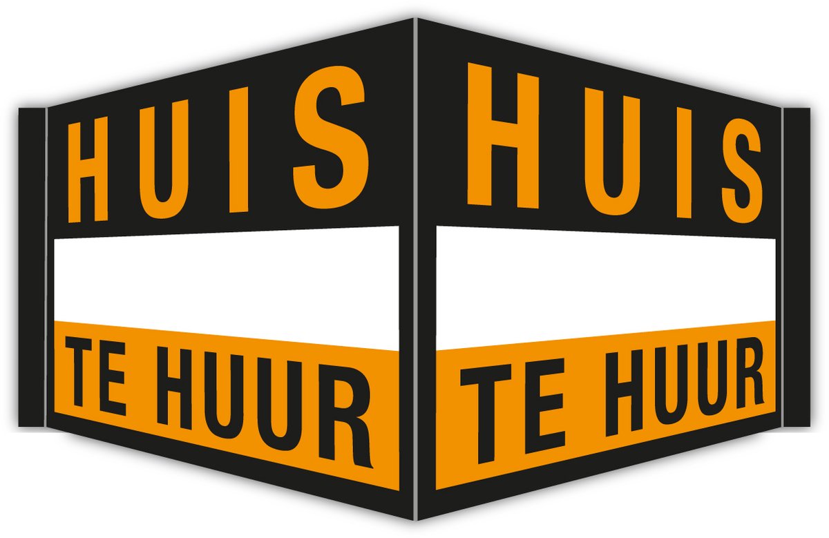 Immobord / Raambord / Makelaarsbord | "Huis te huur" | Vouwbord 140×50 cm | Kanaalplaat | Incl. sterke dubbelzijdige tape | Zwart | Oranje | Huis verhuren | Verhuren