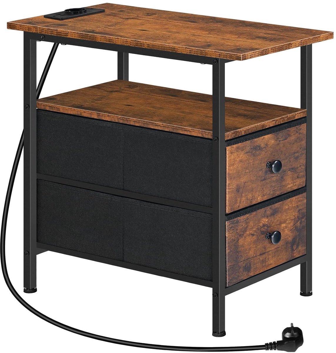 TRANKIELO® - Bijzettafel met laadstation - Smalle nachtkast met 2 laden en open planken - Compact voor slaapkamer en woonkamer - Rustiek bruin en zwart