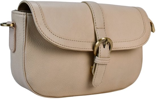Sac bandoulière beige en cuir avec boucle dorée et surpiqûres.