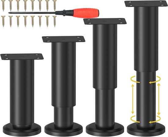 Moderne metalen tafelpoten, set van 4, in hoogte verstelbaar, 10 cm - 71 cm, zwaar staal voor bureaus, eettafels, krukken, banken, salontafels, zwart (60 cm
