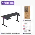Zwart L-vormig gaming bureau 160x100x75 cm met LED-verlichting, verpakking en handleiding.