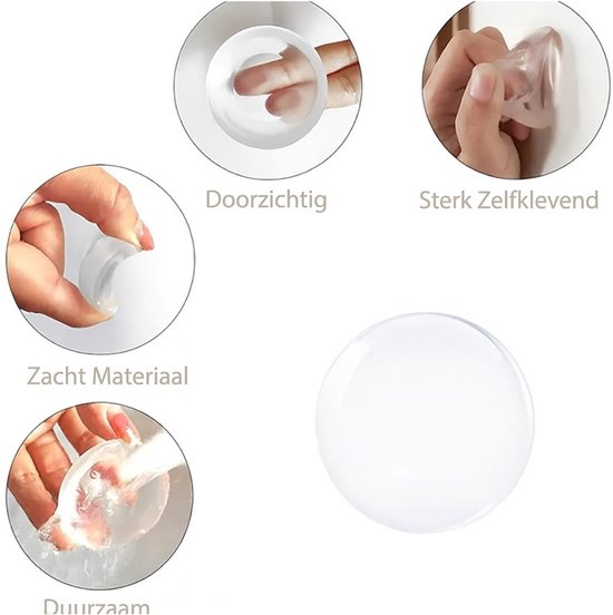 Vier afbeeldingen tonen transparante, zachte, zelfklevende, duurzame deurstopjes.