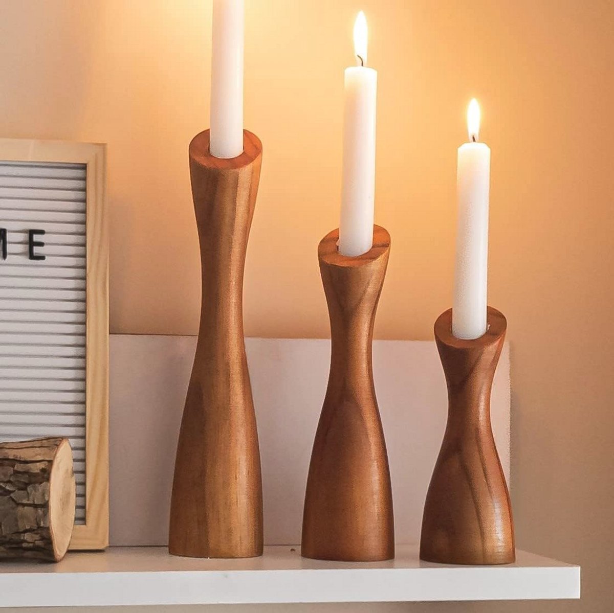 Set van 3 Houten Boerderij Kandelaars voor Salontafel en Eettafel