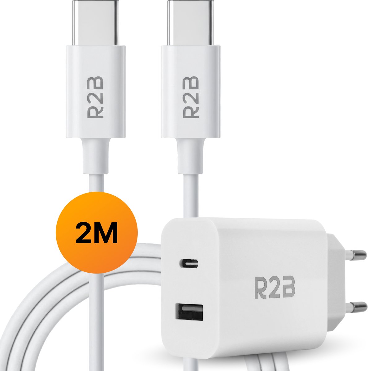 R2B USB-C naar USB-C Kabel + USB A & USB-C Adapter - 2 Meter kabel - Extra stevige USB-C kabels - USB-C oplader - Snellader