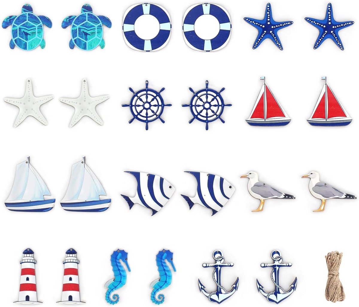 24 Stuks Nautische Hangers voor Wanddecoratie - Maritieme Decoratieset met Zeesterren, Ankers, en Vuurtorens