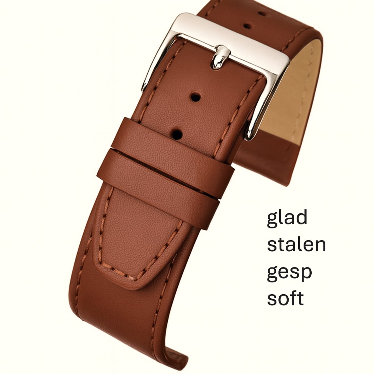 Horlogeband-horlogebandje-18mm-bruin-cognac-gestikt-soft-echt leer-plat- stalen gesp-leer-18 mm
