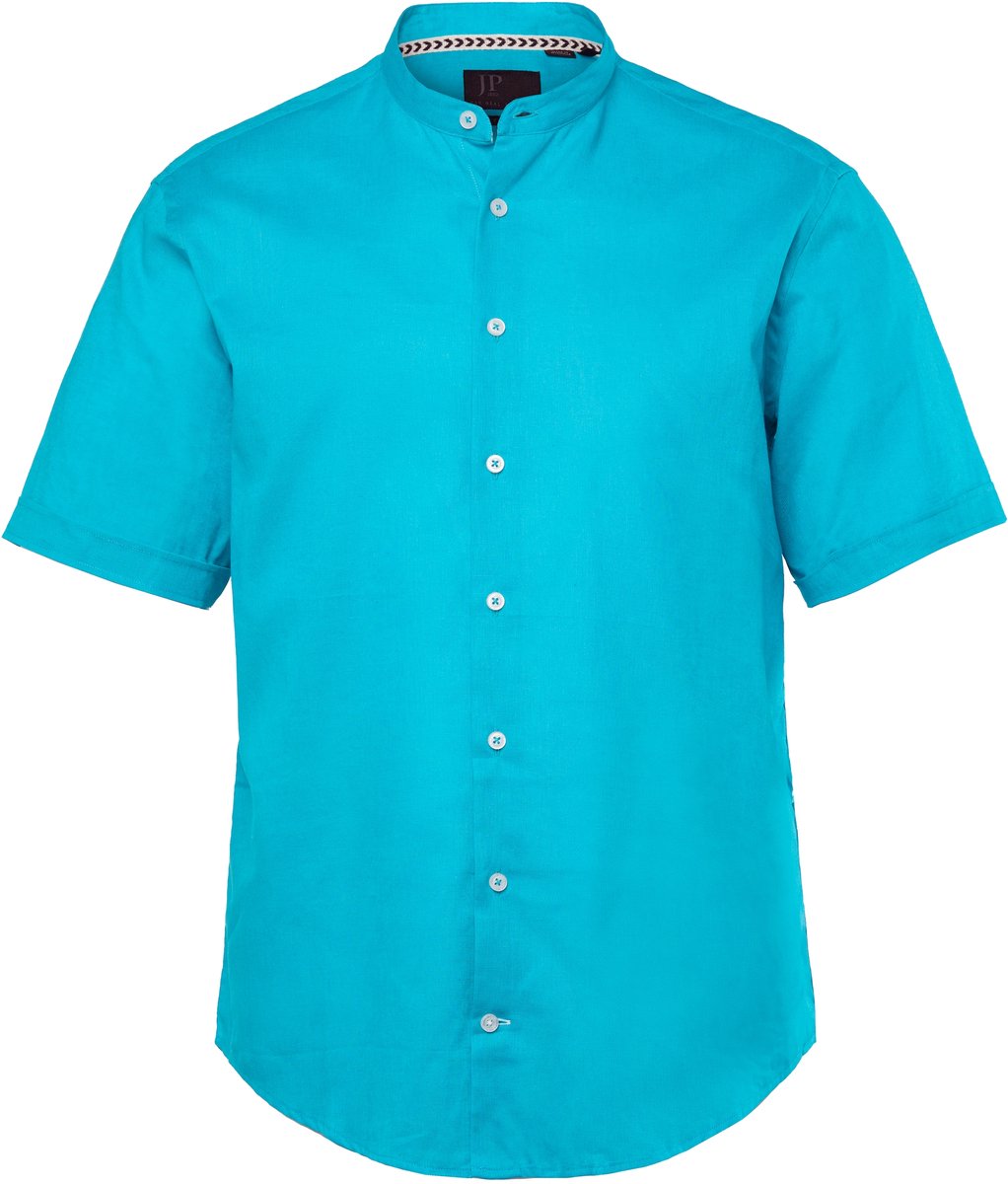 JP 1880 - Heren - Overhemd halflange mouwen linnenmix opstaande kraag modern fit - Turkoois - Maat L