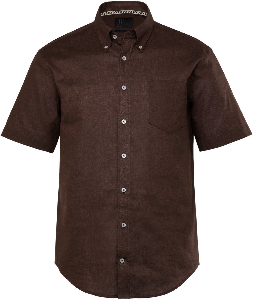 JP 1880 - Heren - Overhemd van een linnenmix korte mouwen button-down kraag - Dennenbruin - Maat 3XL