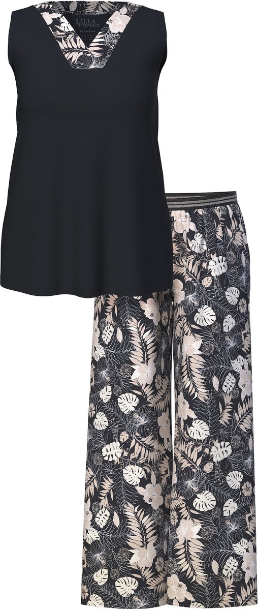 Ulla Popken - Dames - Pyjama bladeren V-hals mouwloos zakken - Zwart - Maat 42+