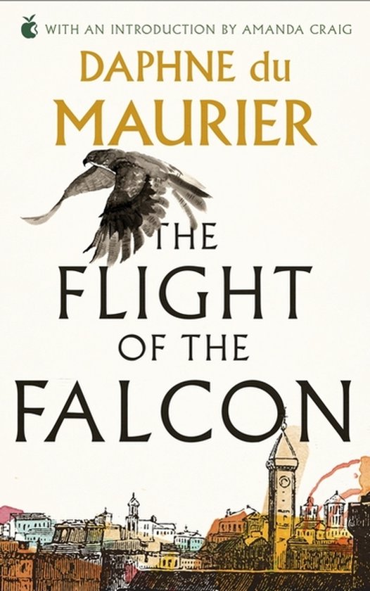 Boek 'The Flight of the Falcon' van Daphne du Maurier, met een illustratie van een valk en een stadje.