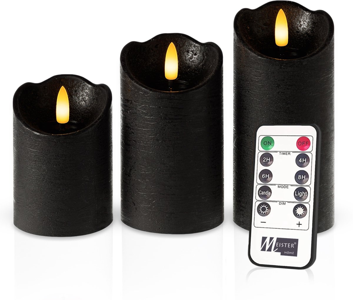 Meisterhome – 3 x Led Stompkaars Rustiek - Zwart – Stompkaars Echte wax – Led kaarsen - 10 / 12.5 / 15 cm Hoog - Met afstandsbediening – Timer 2/4/6/8 uur - Dimbaar