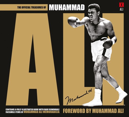 De officiële schatten van Muhammad Ali, met een illustratief boek en verwijderbare replica's van memorabilia. Muhammad Ali in bokshouding.