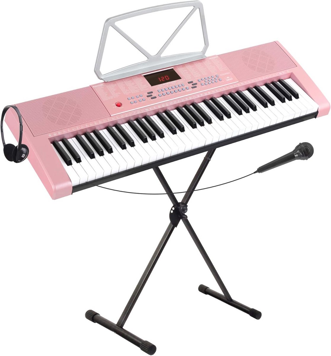 61-Toetsen Keyboard Set met Verlichte Toetsen, Microfoon, Standaard en Hoofdtelefoon - Roze Voordeelpakket