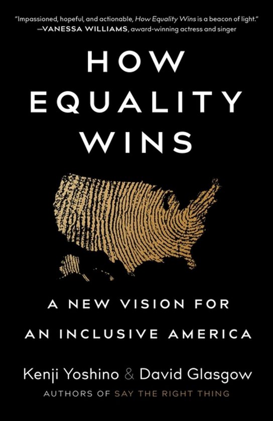 Boek "How Equality Wins" met een kaart van Amerika als vingerafdruk op een zwarte achtergrond.