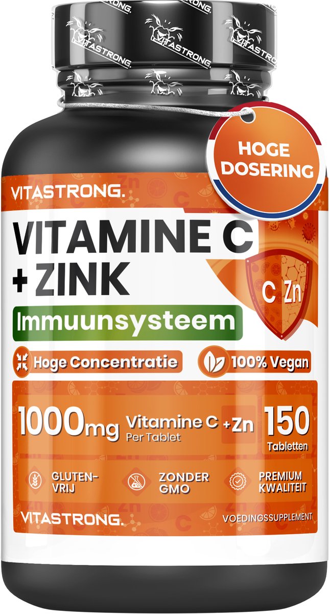 Vitastrong Vitamine C 1000mg + Zink – Vegan Supplement - 150 Tabletten (5 Maanden Voorraad) - Hooggedoseerd voor Immuunsysteem, Energie, Huid, Haar & Nagels - Premium Kwaliteit