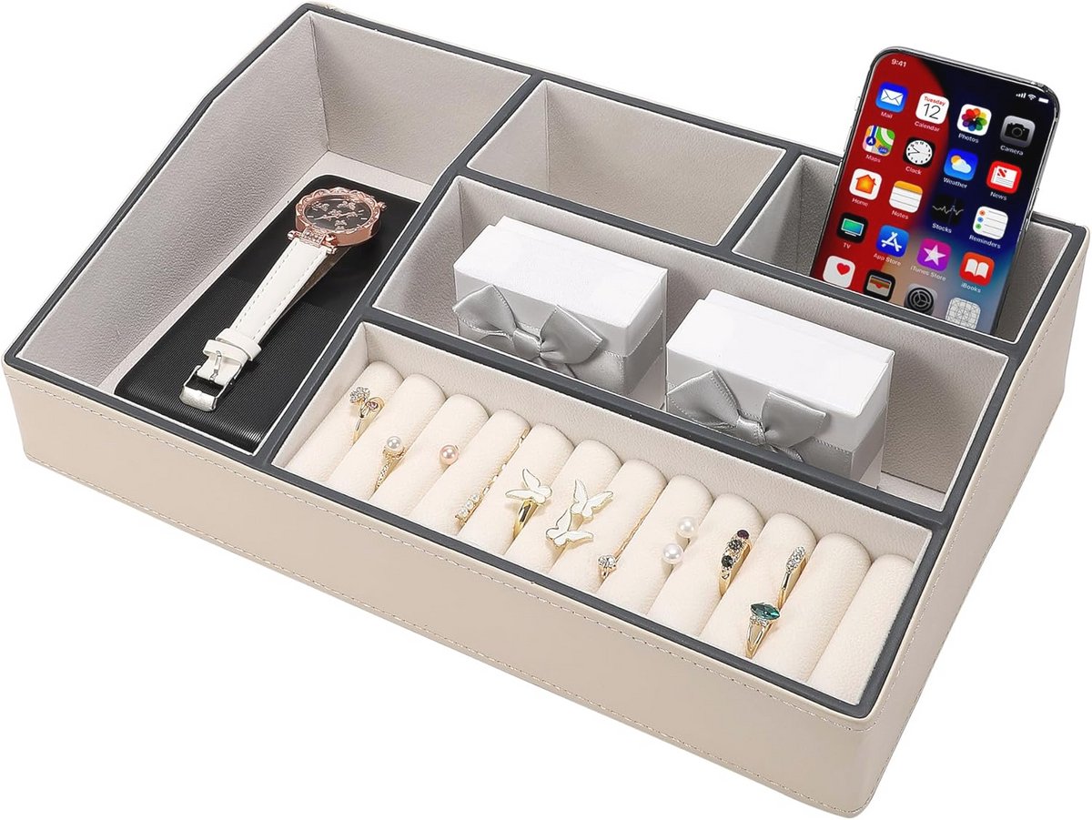 Kunstlederen Valet Lade Met 5 Compartimenten - Organizer Voor Sleutels, Telefoon, Portemonnee, Horloge - Unisex Nachtkastje & Dressoir