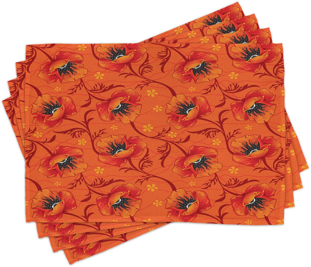 ABAKUHAUS Oranje placemats – Papaverbloemen-serie: Bloemenromantiek, Boheemse kunstzinnige ontwerpprint, tafeldecoratie van kleurvast stof voor eetkamer en keuken, donkeroranje, geel, zwart