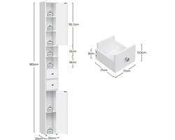 SmartQ - Badkamerkast – Smalle Hoge Bijkeukenkast met Deuren, Laden en Open Vakken – Verstelbare Planken – Noodzakelijke Opslag voor Badkamer – Scandinavisch Design – Wit MDF – 20×180×20 cm – Makkelijk te Monteren