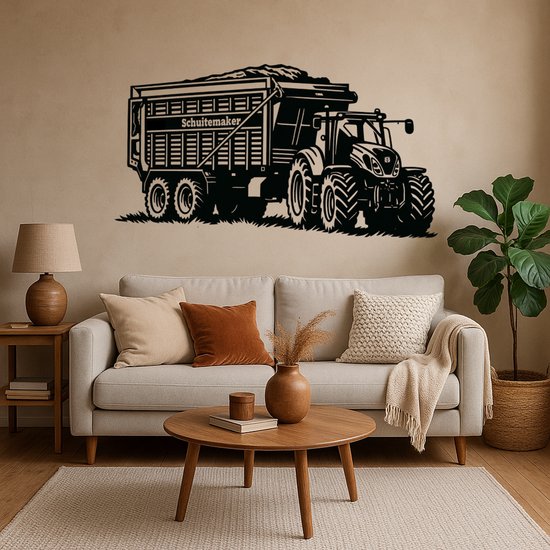 BR2Laser New Holland T7 met Silagewagen – Wanddecoratie – Lasergesneden Hout – Tractor kunst– 75 cm Breed