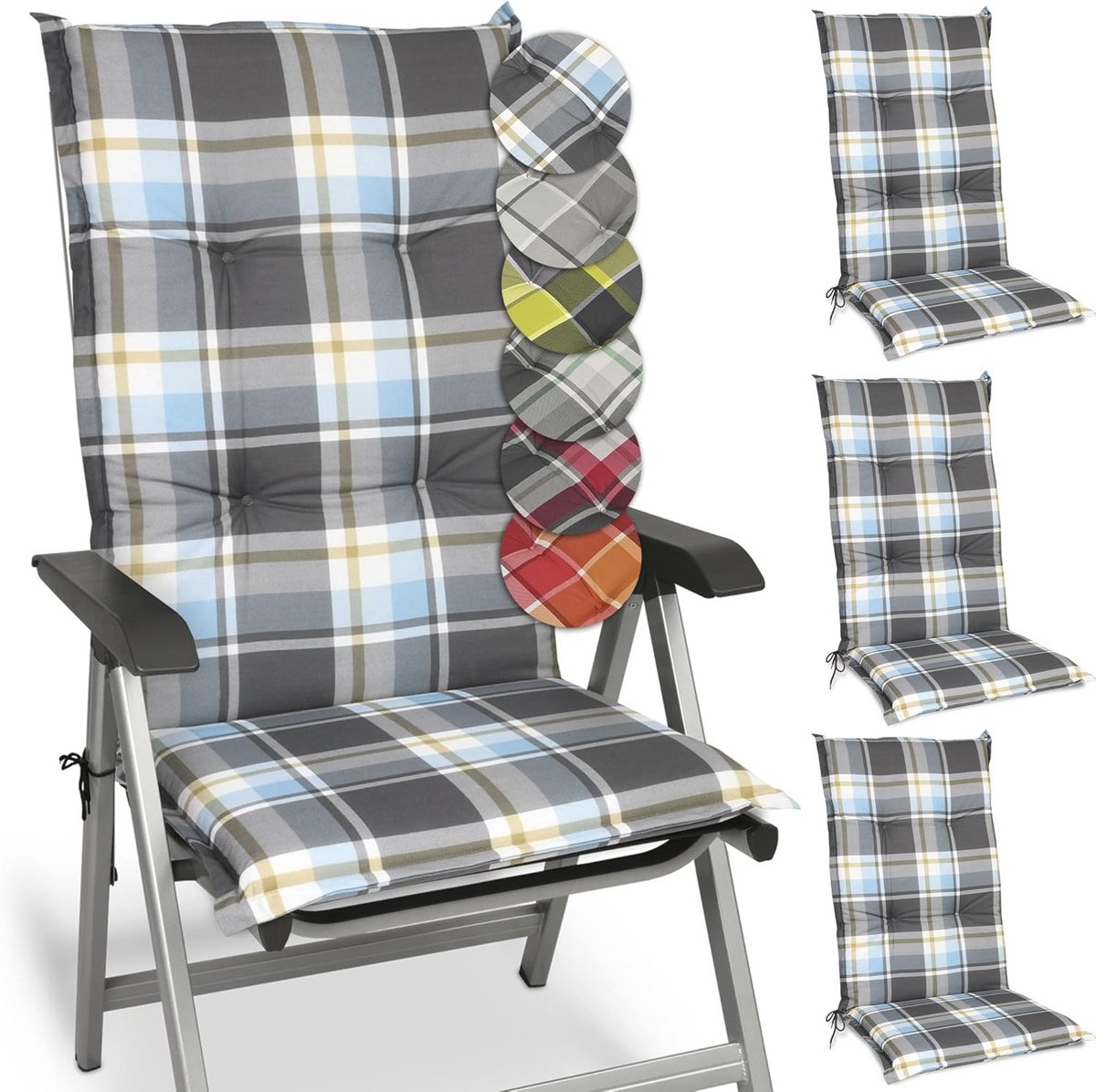 Set van 4 Tuinkussens met Hoge Rugleuning 120 x 50 cm - Comfortabele en Duurzame Zitkussens in Blauwe Ruit