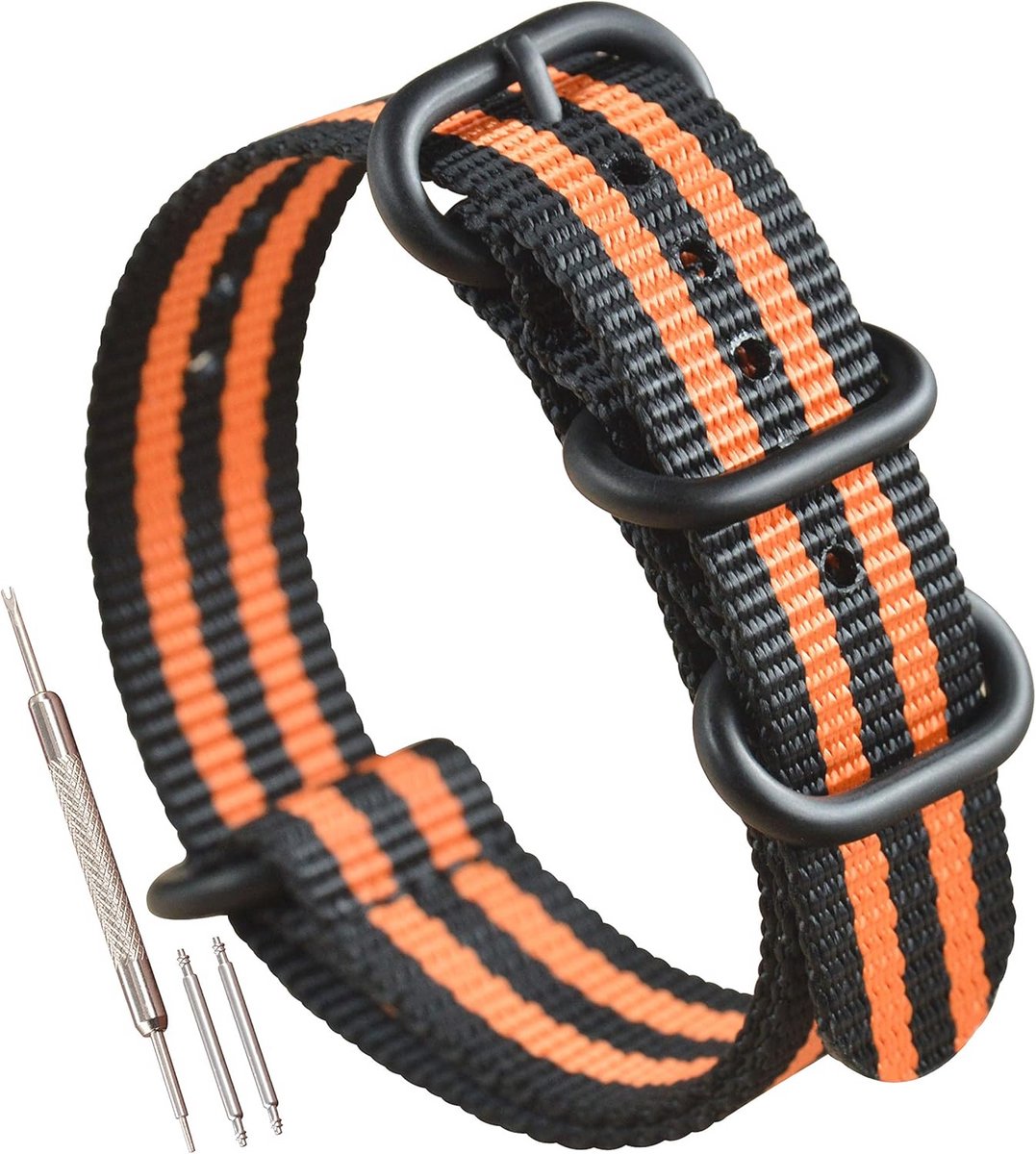 Nylon Horlogeband voor Dames en Heren - Matte Zwarte Afwerking, 4 Ringen Systeem