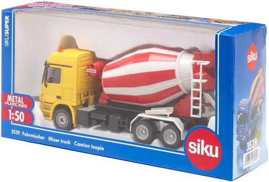 Betonmixer vrachtwagen in verpakking, schaal 1:50, met gele cabine en rode/witte trommel.