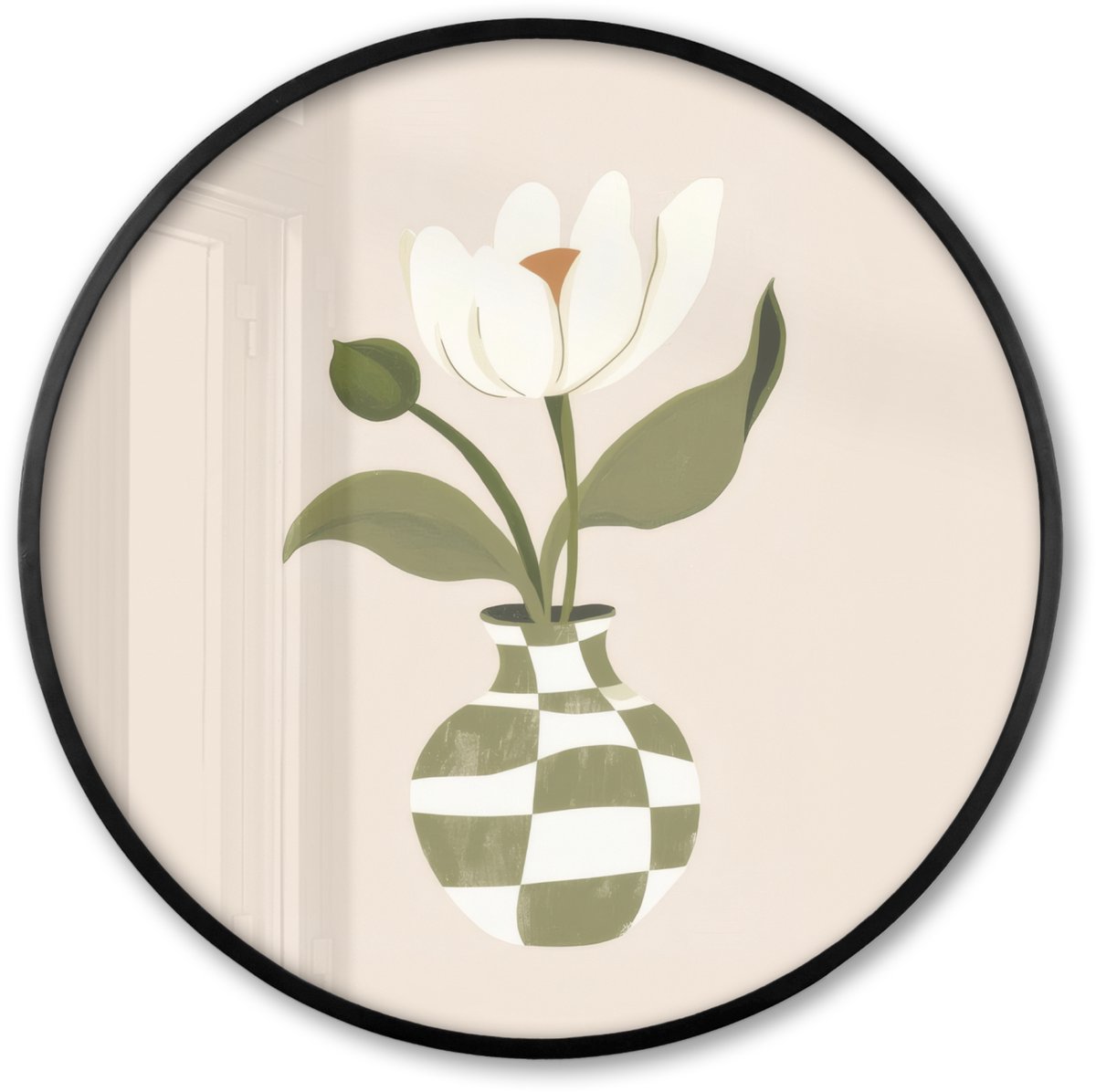 FrameYourWall Poster in lijst Rond - Fotolijst 60x60 cm - Posters - Vaas - Geruit - Bloem - Groen - Ronde posterlijst zwart - Decoratie - Wanddecoratie woonkamer - Muurdecoratie slaapkamer Vaas - Bloem