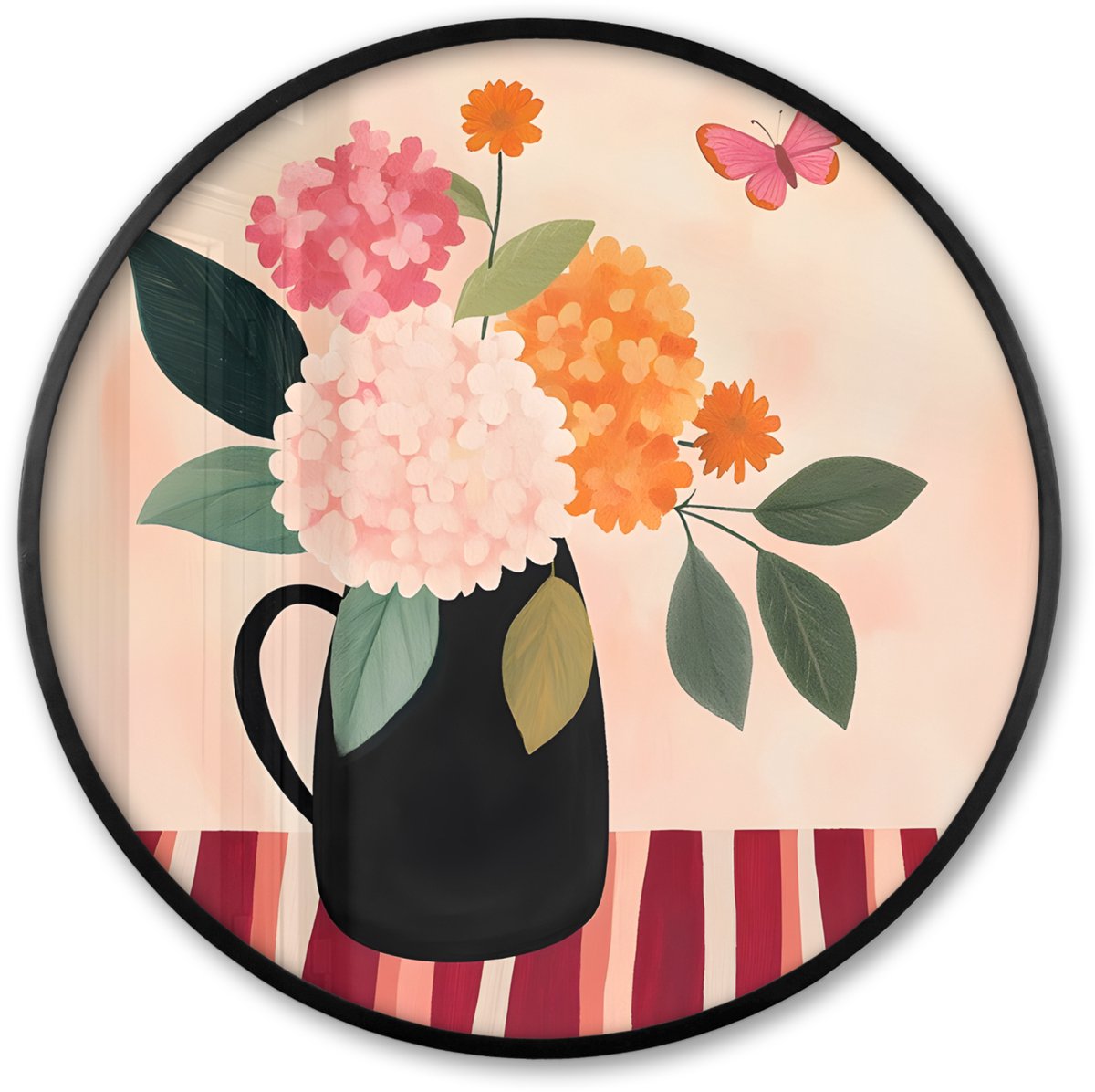 FrameYourWall Poster in lijst Rond - Fotolijst 60x60 cm - Posters - Vaas - Bloemen - Vlinder - Rood - Ronde posterlijst zwart - Decoratie - Wanddecoratie woonkamer - Muurdecoratie slaapkamer