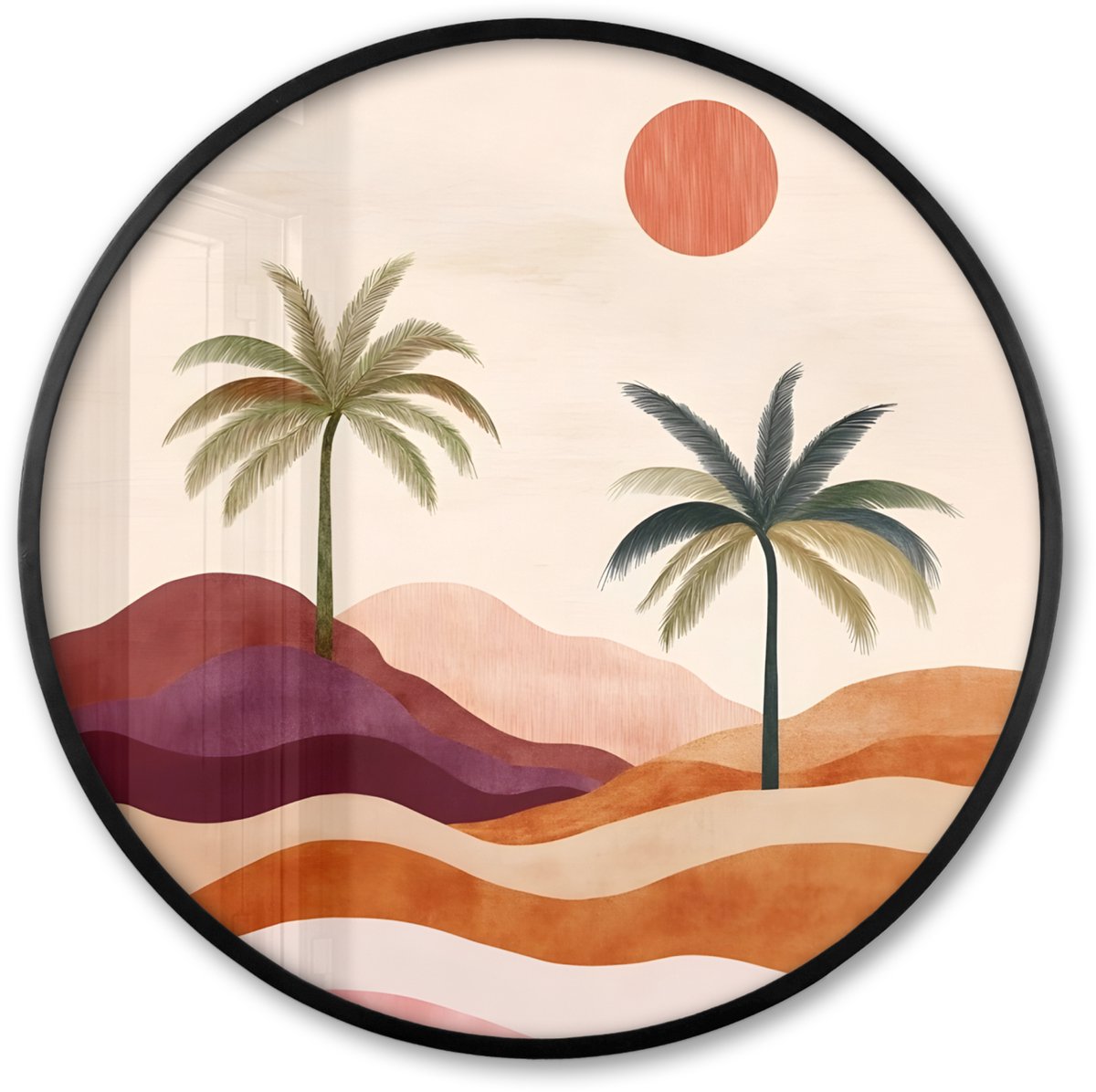 FrameYourWall Poster in lijst Rond - Fotolijst 80x80 cm - Posters - Palmbomen - Abstract - Zon - Heuvels - Ronde posterlijst zwart - Decoratie - Wanddecoratie woonkamer - Muurdecoratie slaapkamer Heuvels - Palmbomen - Abstract