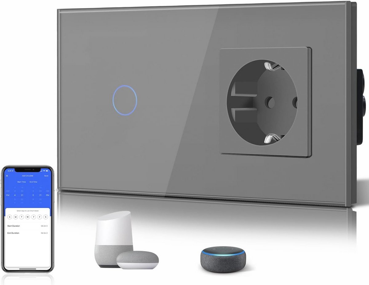 Slimme Wifi Schakelaar met Aanraaksensor en Timer - Inbouw Glas, 16 Ampère, Compatibel met Stembesturing