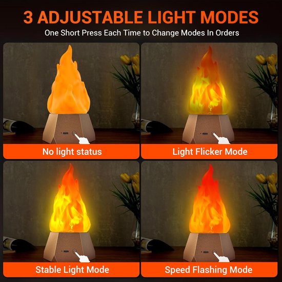 Fake fire lamp, oplaadbare vlamloze verlichting met LED verlichting met knipperende vlammen, ideaal voor outdoor camping, vakantie, halloween, kerstmis en thanksgiving tafels, binnenplaats decoratie, in 3 modi. — afbeelding 4
