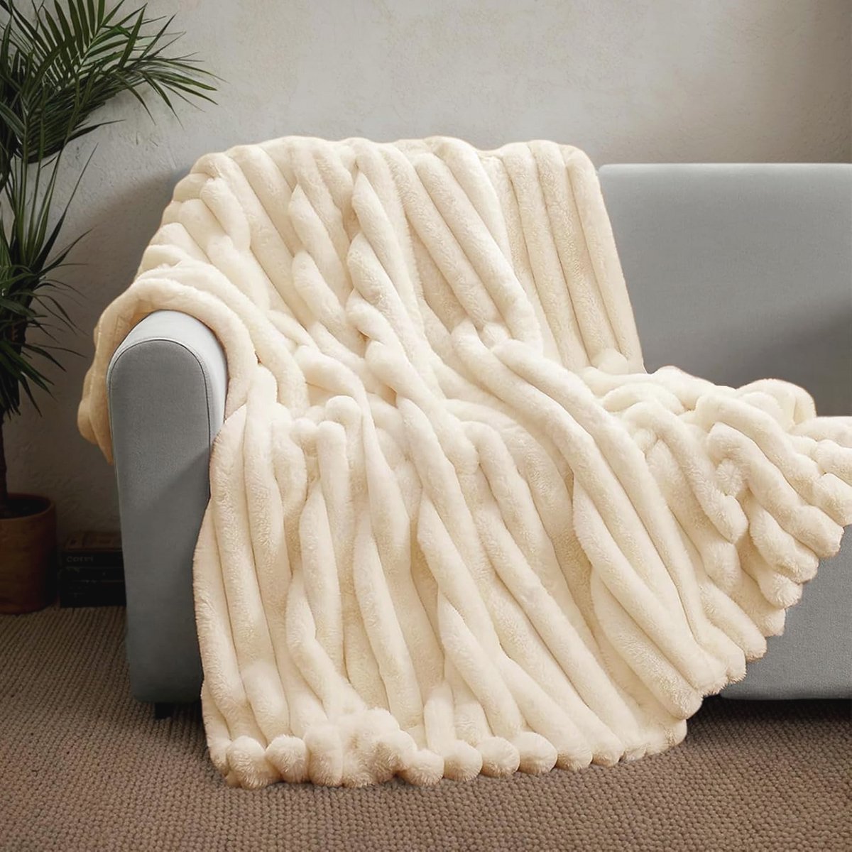 Ultrawarme fleecedeken van pluche, 450 g/m², soft en comfortabel, voor bank (gebroken wit, 130 x 160 cm)