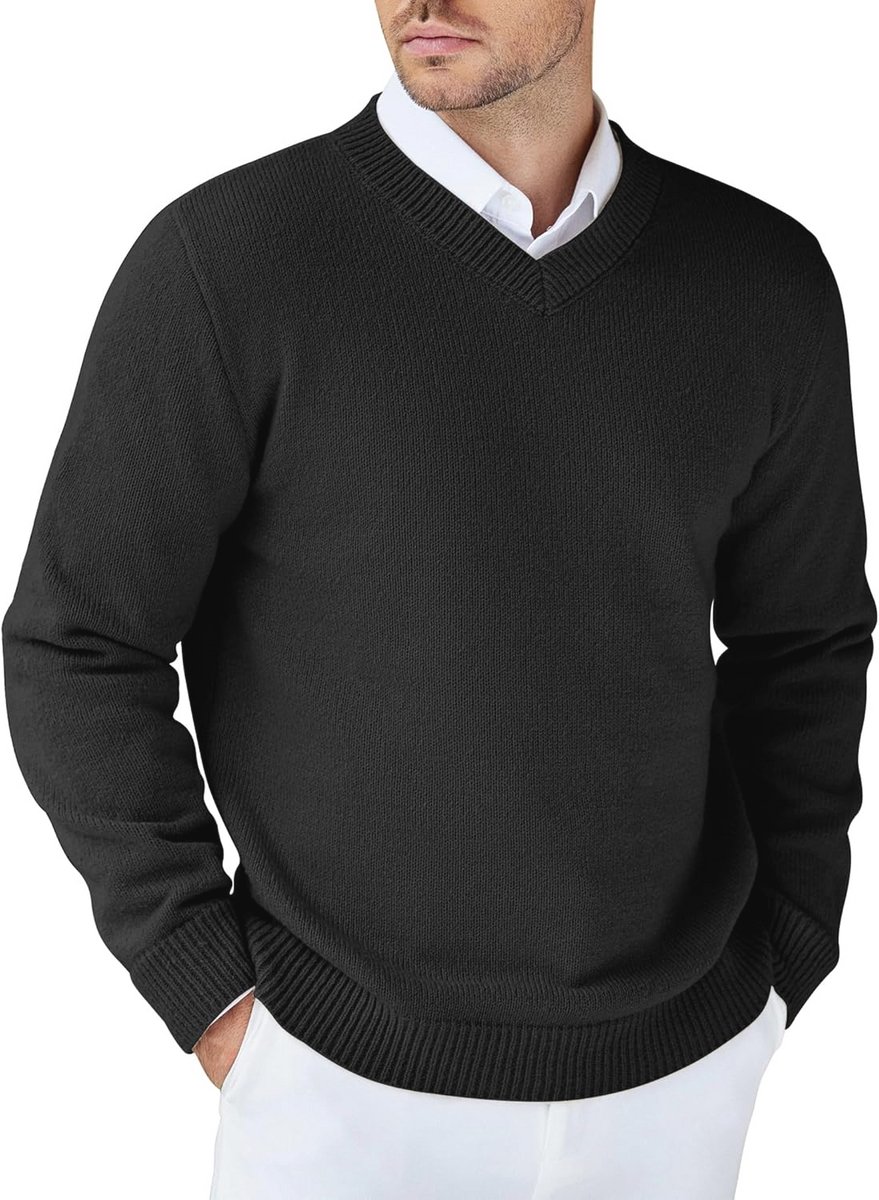 V-hals gebreide trui heren wintertrui casual regular fit zwart 3XL