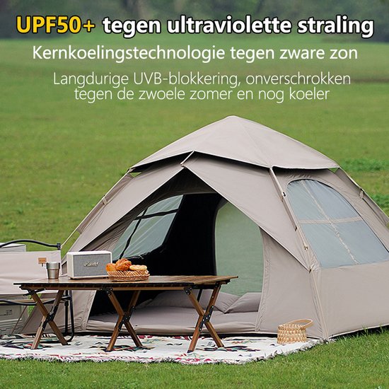 Automatische Pop-up Tent - Vierhoekige Kampeertent voor 2-3 Personen - Vaste Zonnekap - Inclusief Draagtas - Ideaal voor Gezinscamping en Festivals - Met Verzilverde UV-Block Coating - Snelle 3-Seconden Opzet - Wit — afbeelding 3