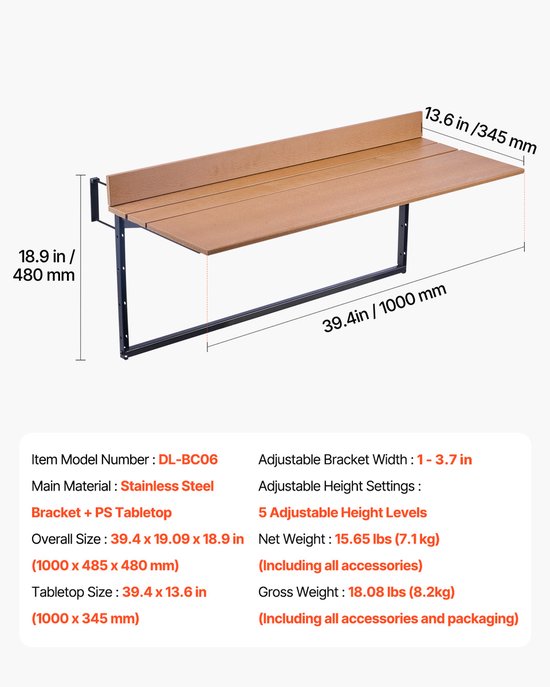 VEVOR Balkontafel Hangtafel Balkon Hangtafel Opvouwbaar Opvouwbare tafel 1000x345mm van Merkloos — afbeelding 2