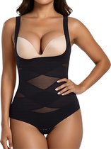 Zwarte corrigerende bodysuit met beige beugel BH, gedetailleerd met mesh panelen en korset-achtige banden.