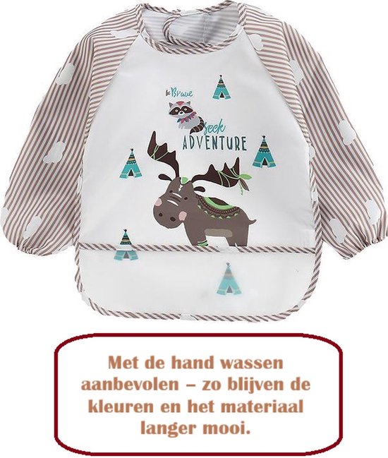 Slabbetje met lange, bruin gestreepte mouwen en een print van een eland met 'Seek Adventure'.