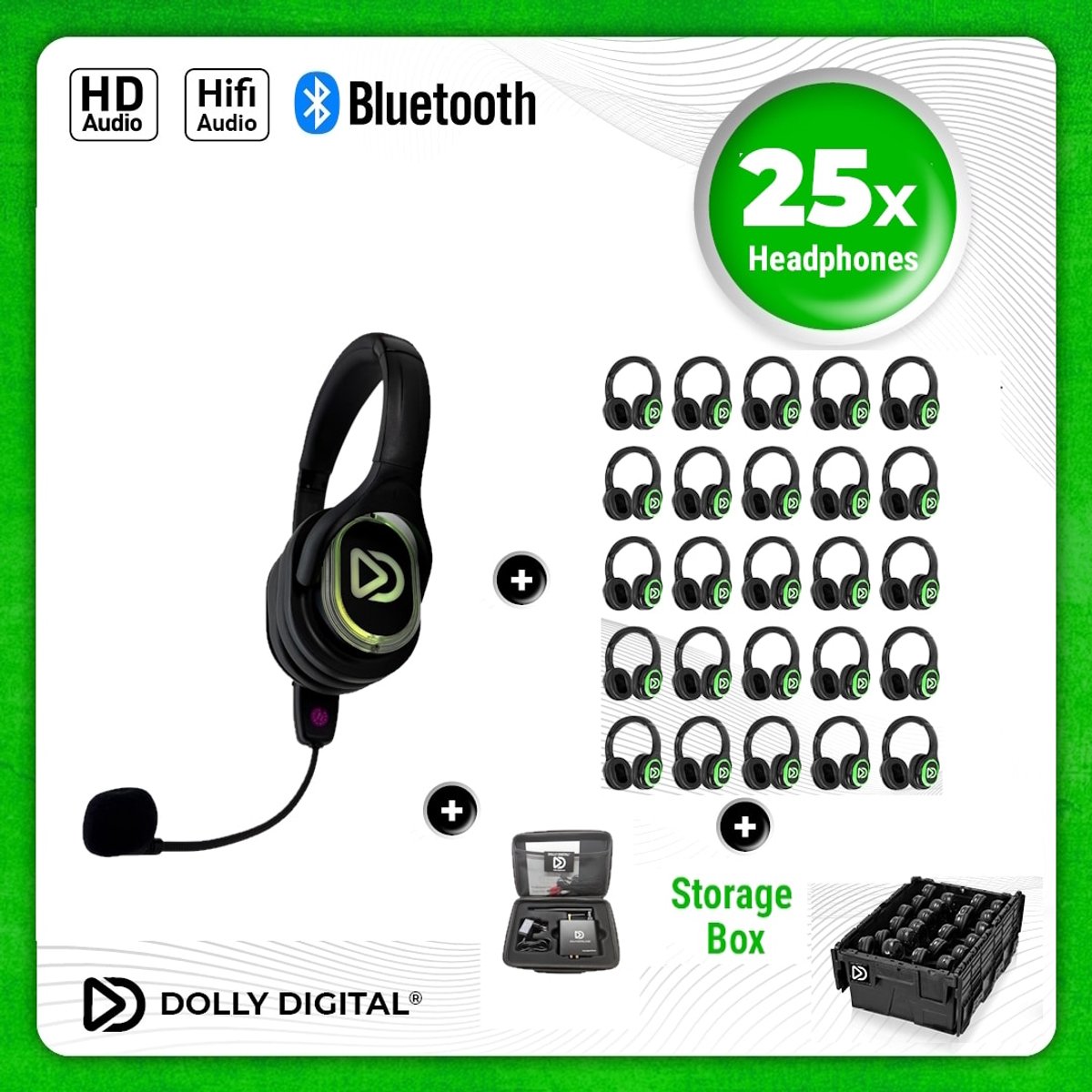 Dolly Digital® RD-Pro 25 Draadloze Koptelefoons voor groepen + Headmounted Microfoon – 25 HiFi Koptelefoons + Microfoon + Bluetooth + HiFi