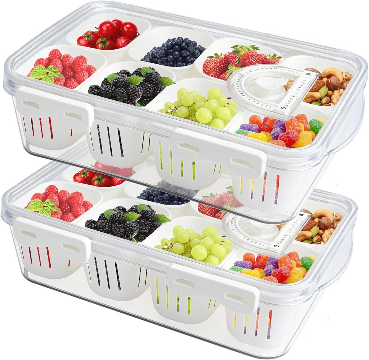 Stapelbare Snackbox met Deksel - 2 Stuks Voedselcontainers voor Koelkast en Vriezer met Verdelers