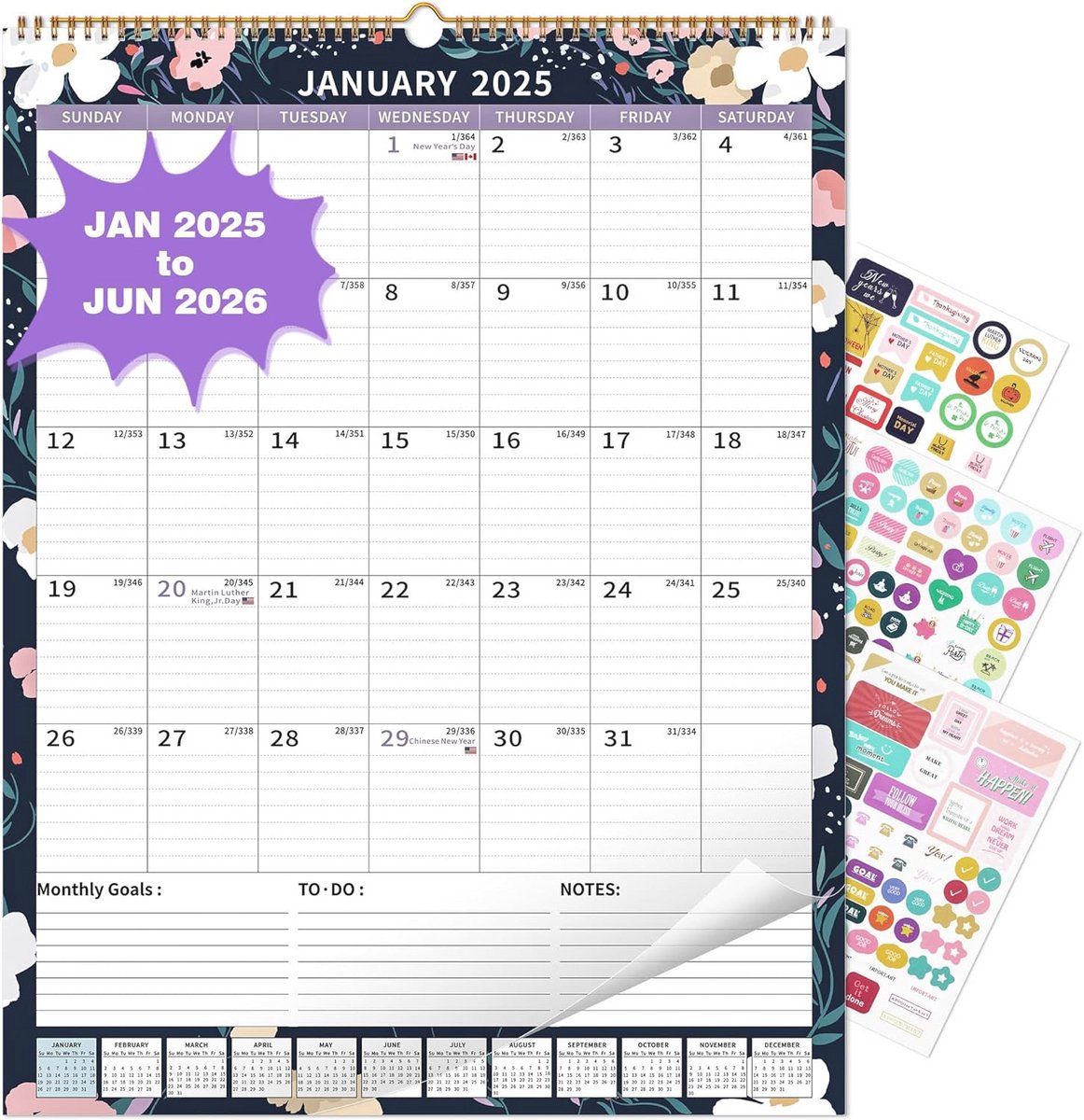 Bureaukalender 2025-2026 - Maandelijkse Wandkalender 17"x22" voor Gezinsgebruik