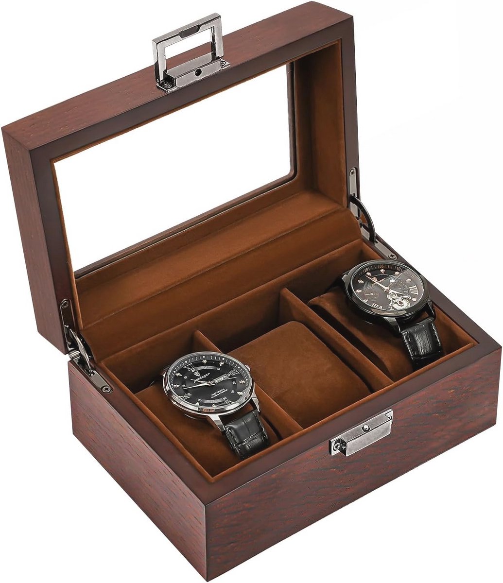 Houten Horloge Doos voor Mannen - 3 Slot Horloge Organizer met Glazen Deksel
