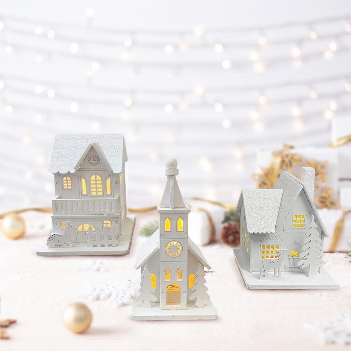Set van 3 kerstdorpen met verlichting - kabouterhuis met licht - led-houten kerstdecoratie - kerstdecoratie - Amerikaanse kerstdecoratie - binnendecoratie - mini-kerststad – foto 7