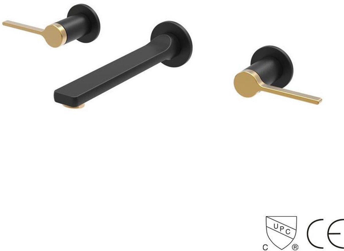Hudor Wastafelkraan Zwart Goud - Wandmontage 3-Gats Mengkraan - Scamandre Collectie - Messing Wastafelmengkraan - Fonteinkraan Design Badkamer