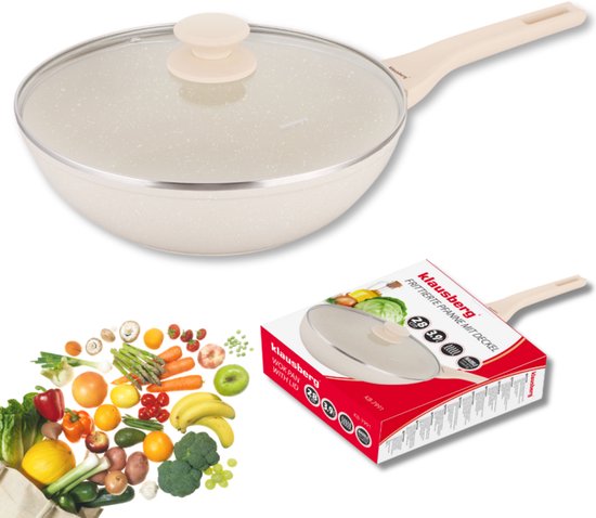 Wok Klausberg 28 cm avec couvercle – Revêtement marbré – Compatible induction – Sauteuse profonde 3,9 L – Crème – KB-7991