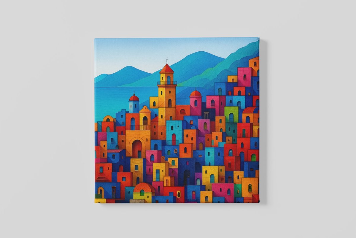 Trendex Global Vierkant Canvas Schilderij – Kleurrijk Mozaïek Stadsgezicht – Moderne Wanddecoratie - 60x60 cm