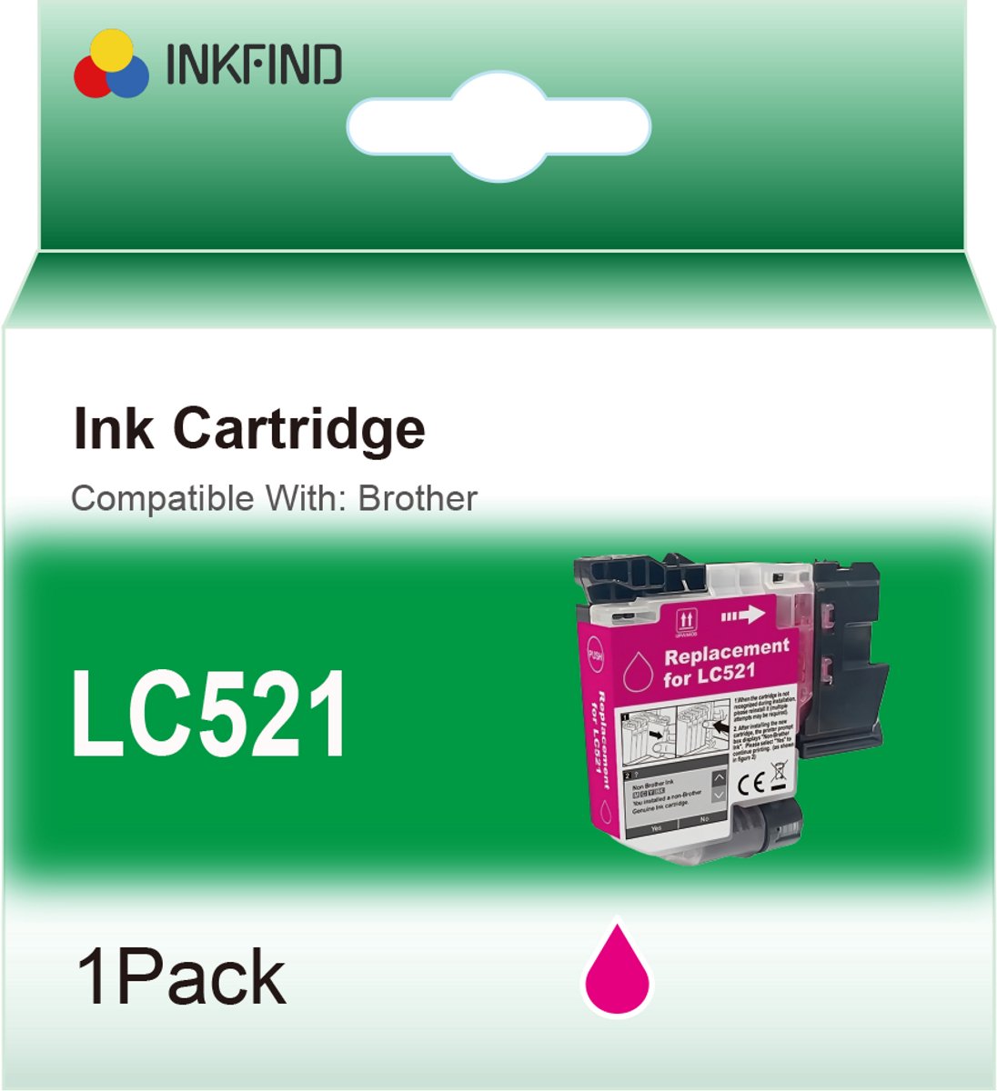 INKFIND LC521 Magenta inktcartridge compatibel met Brother LC521 LC-521 Magenta geschikt voor Brother DCP-J1260W/J1310DW/J1313DW/J1360DW/J1460DW - 1-pack Magenta