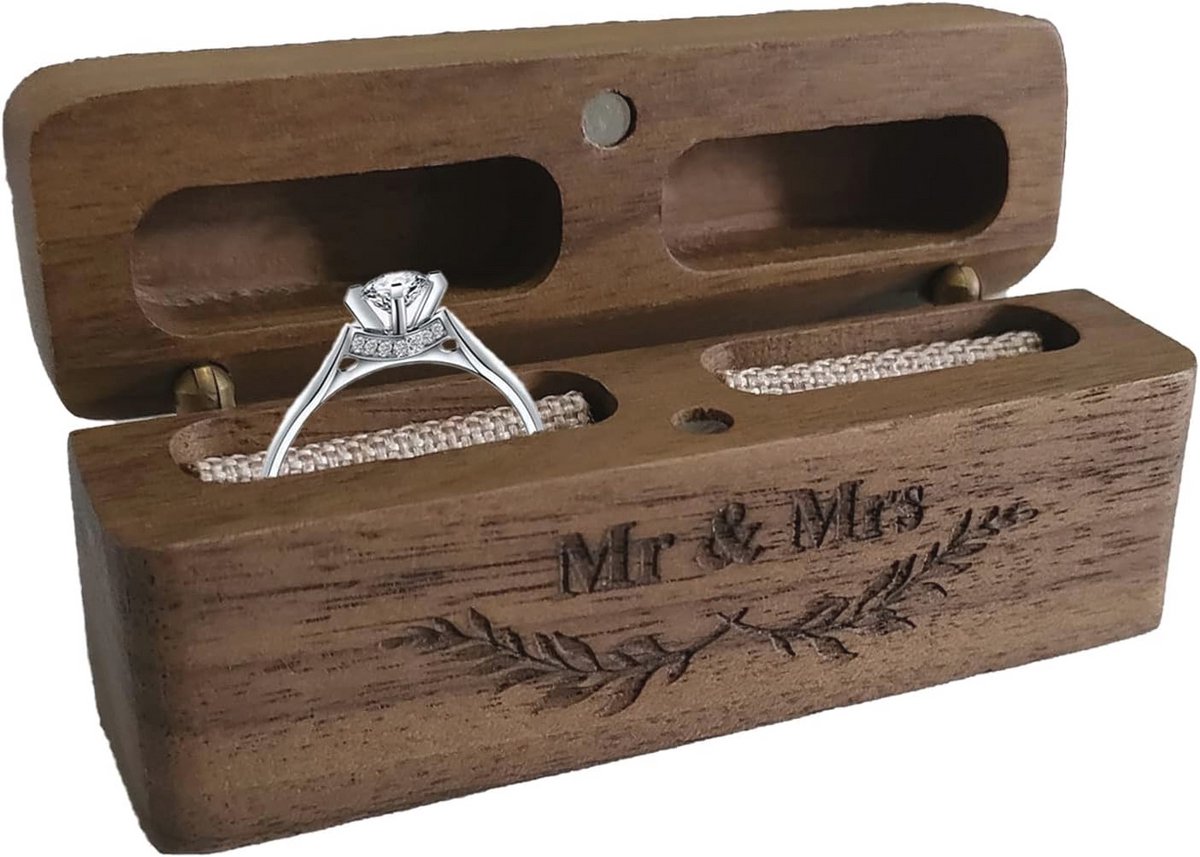 Houten Bruiloft Ringdoos met Mr Mrs Patroon - Ideaal voor Verloving en Bruiloft