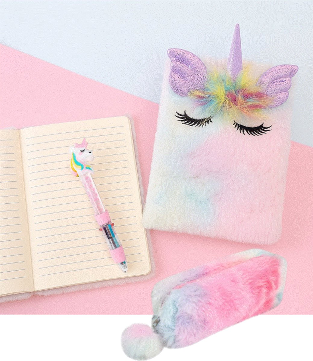 Goodz4All Unicorn Dagboek Meisjes Pluche Fluffy Notitieboek & Pen Eenhoornpen met Etui Meisjes 4 Kleuren Balpen - A5 Notitieboek Gelijnd Regenboog Dagboek Kind met Schrijfpen Meerkleuren Pen en Regenboog Etui Notitieboek Hardcover